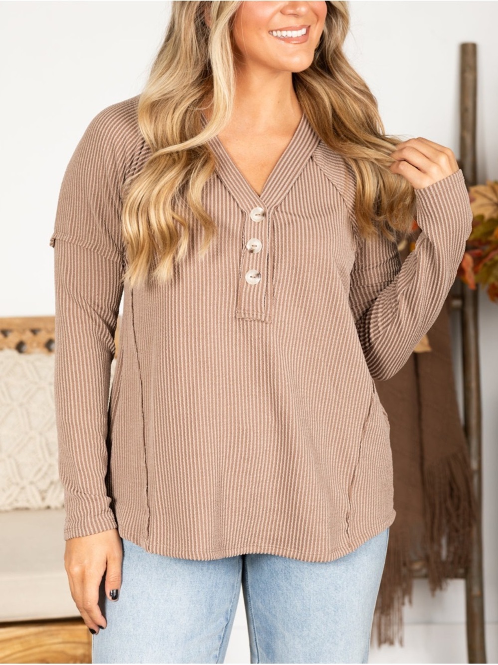 Andree Raised Ribbed Button V-Neck Knit Top